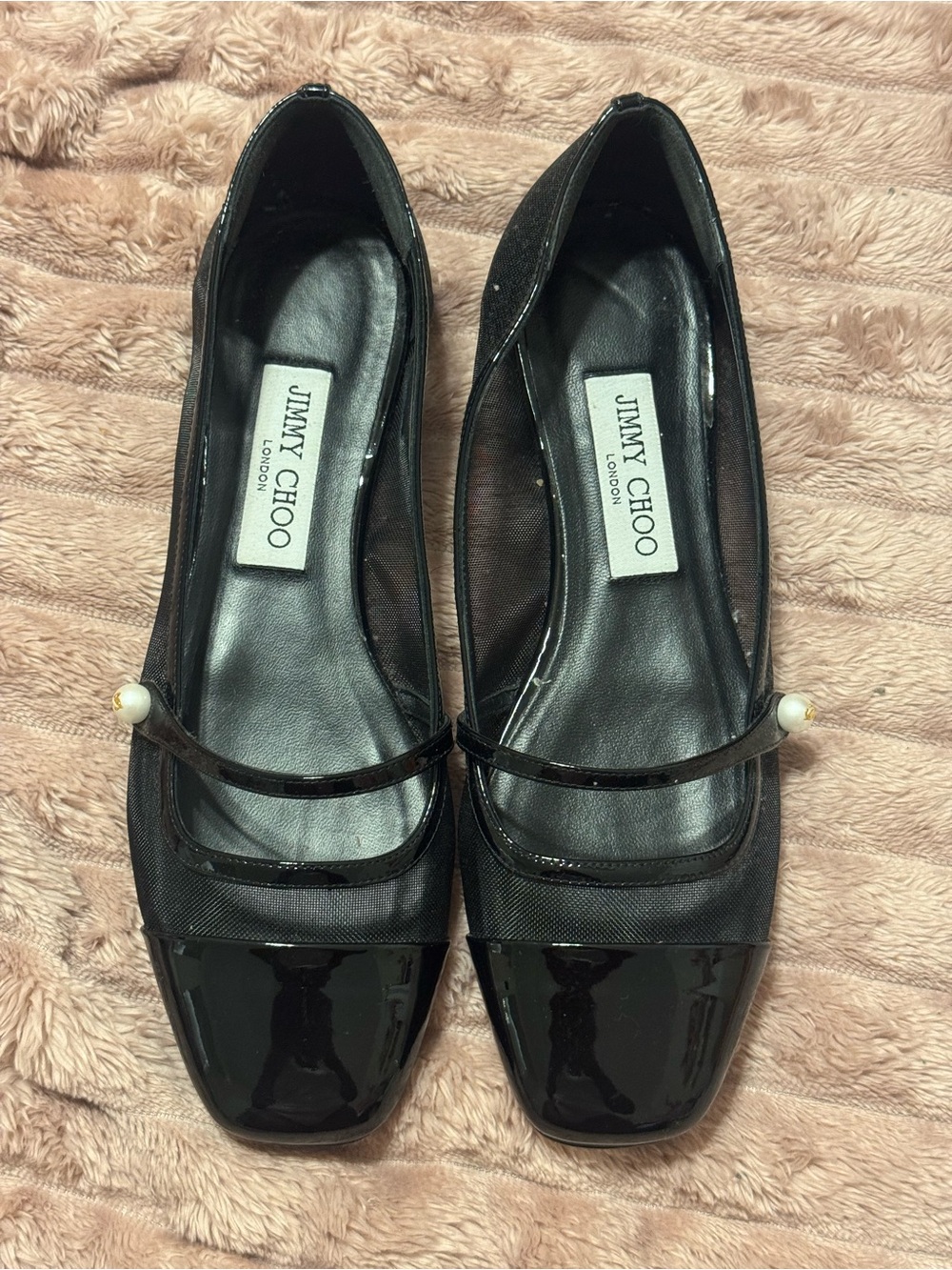 Jimmy Choo Black Patent & Mesh Mary Jane Flats with Pearl Accent